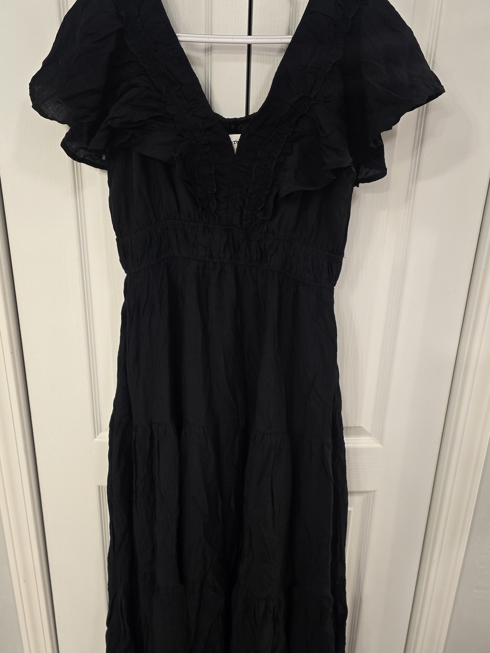Smocked V-Neck Black Maxi Dress with Flutter Sleeves
